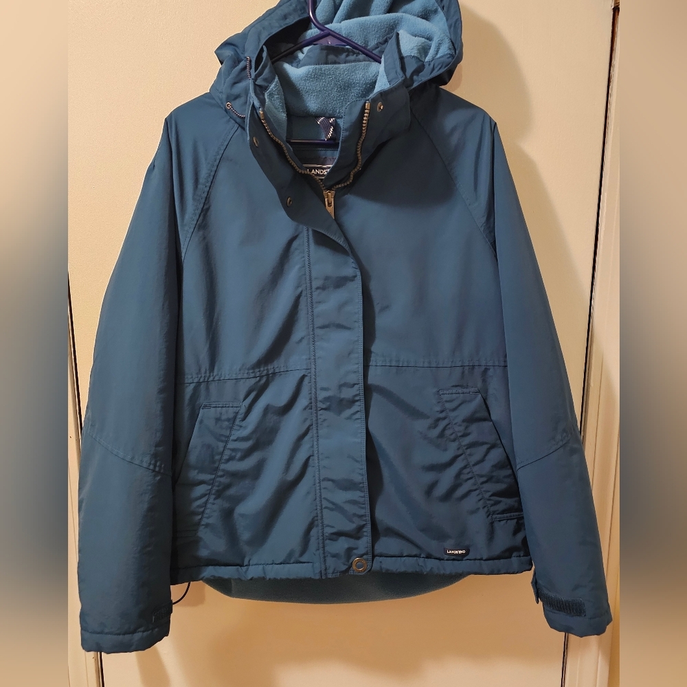LANDS END Squall Jacket Green Hooded Waterproof Windproof Women's Size XL 18